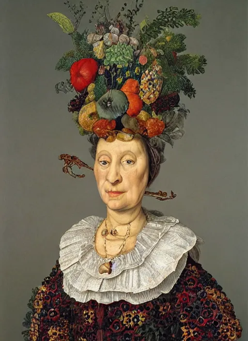 Prompt: a portrait of a noble woman in the style of gioseppo arcimboldo,