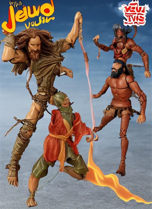 Image similar to Jesus vs the Devil in the flying sandals of salvation action figures toy pack