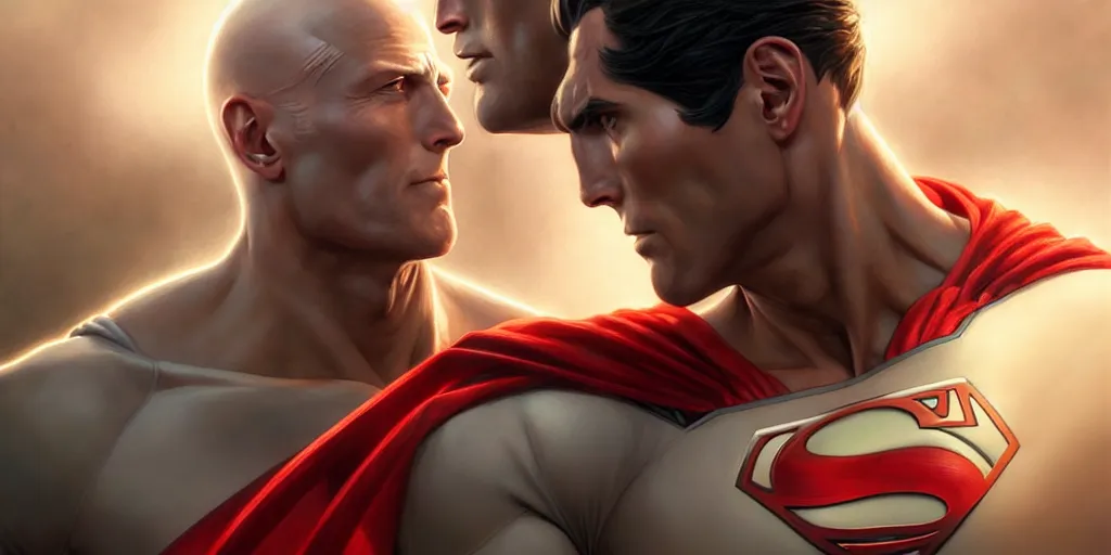 Image similar to ultra realistic illustration, handsome saitama vs superman. intricate, elegant, highly detailed, digital painting, artstation, concept art, smooth, sharp focus, illustration, art by artgerm and greg rutkowski and alphonse mucha and wlop