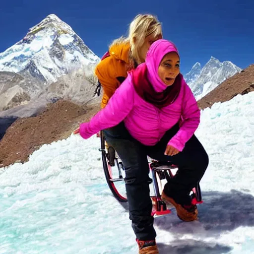 Image similar to blonde lady pushing obese indian woman in a wheelchair up mount everest