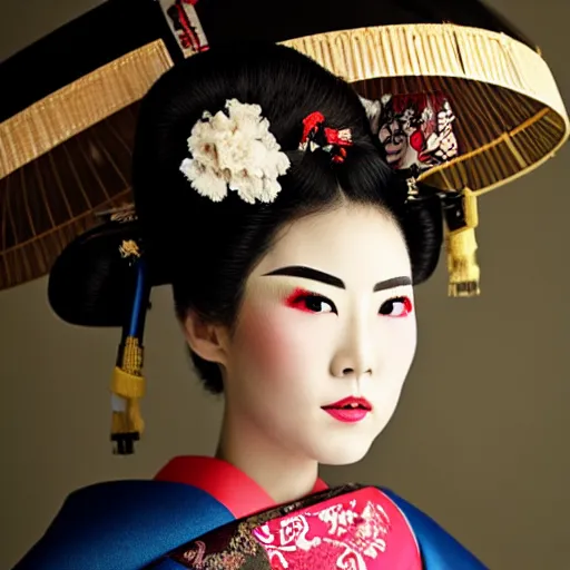 Image similar to fashion model geisha wearing traditional japanese clothing with traditional make up looking into lens