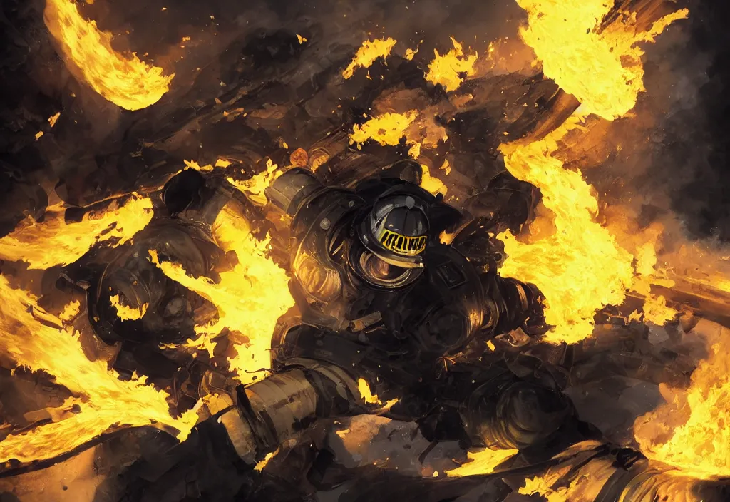 Image similar to heroic firefighter in action in black and yellow uniform, fire flames, sharp details, sharp focus, elegant, highly detailed, illustration, by jordan grimmer and greg rutkowski and pine ( ハイネ ) and 薯 子 imoko and 香 川 悠 作 and wlop and maya takamura, intricate