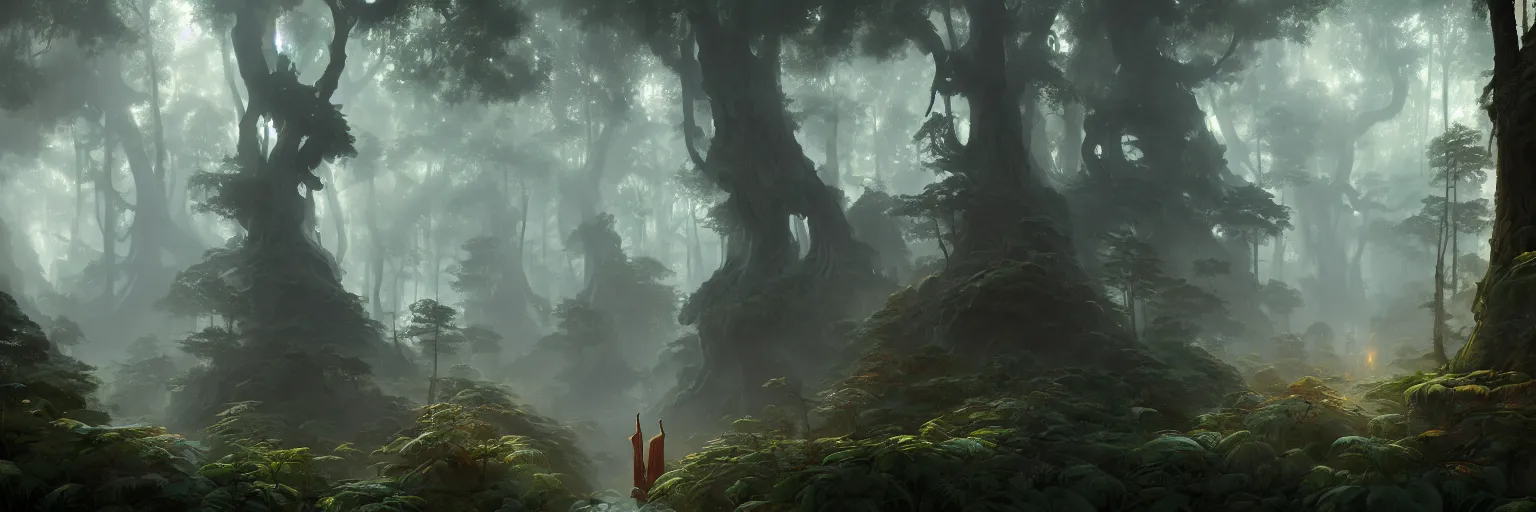 Image similar to Mysterious beautiful Buddhist forest, matte painting by Peter Mohrbacher and Craig Mullins, featured in artstation, octane render, cinematic, elegant, intricate, 8k