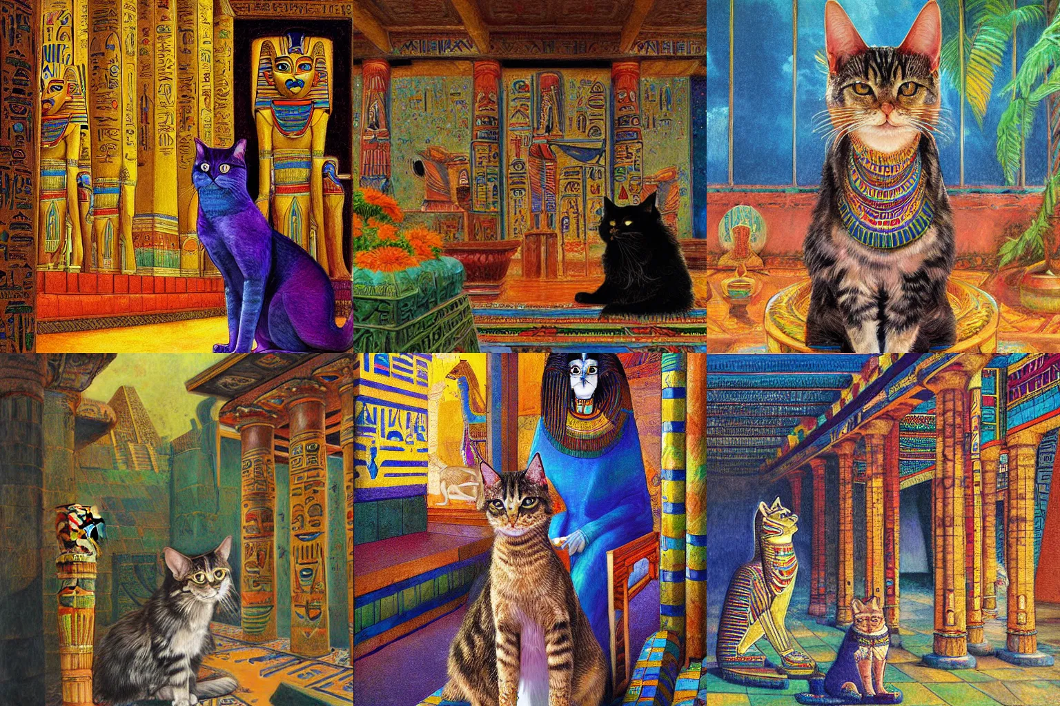 Prompt: portrait of an egyptian pharaoh bicolor long hair cat in a scenic temple by jon foster and louis wain