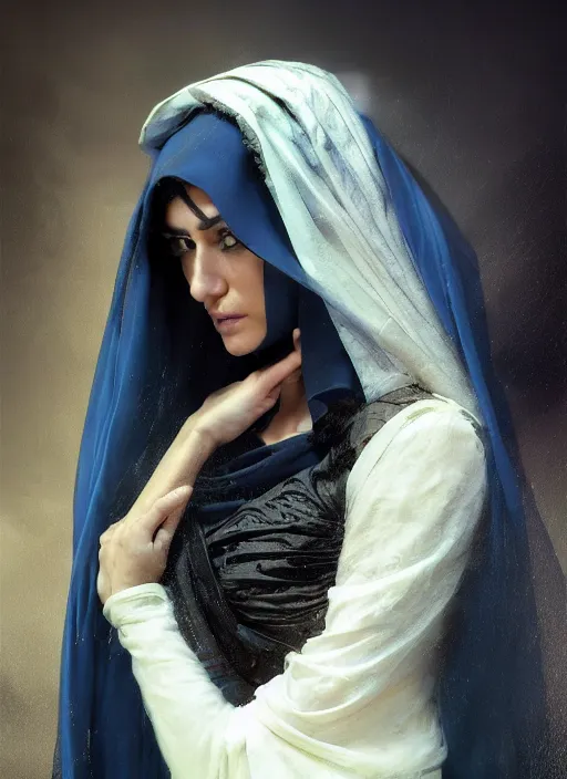 Image similar to a Photorealistic dramatic hyperrealistic render of an arab ameera al taweel, blue eyes, black hair, white veil,by WLOP,Artgerm,Greg Rutkowski,Alphonse Mucha, Beautiful dynamic dramatic dark moody lighting,shadows,cinematic atmosphere,Artstation,concept design art,Octane render,8K