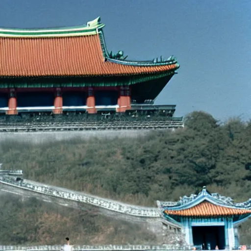 Image similar to a Kaiju Pulgasari overshadowing a Korean palace, Kodachrome 35mm cinemascope, Kim Jong-il production