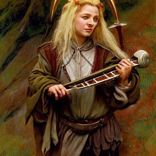 Image similar to half length portrait of billie ellish as a hobbit bard playing the mandolin, d & d, medieval, fantasy, giger, royo, klimt, miro, vallejo, frazetta, alphonse mucha, greg rutkowski, whealan