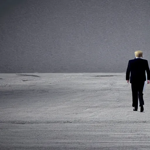 Image similar to donald trump walking in an empty wasteland, post - apocalyptic