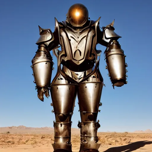 Image similar to photograph of a man in a very oversized mech armor that is 3 0 feet tall and 1 0 feet wide. his head is very small sticking out of the armor. desert setting. high detail.