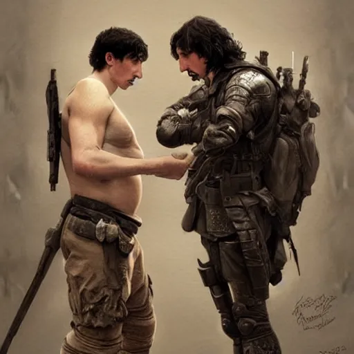 Image similar to portrait of adam driver helping a wounded john oliver, standing together, stoic, full body, military uniform, battle, war, fantasy, intricate, elegant, beautiful, highly detailed, charcoal, centered, dark, smokey, digital painting, artstation, concept art, smooth, sharp focus, illustration, art by artgerm and greg rutkowski and alphonse mucha