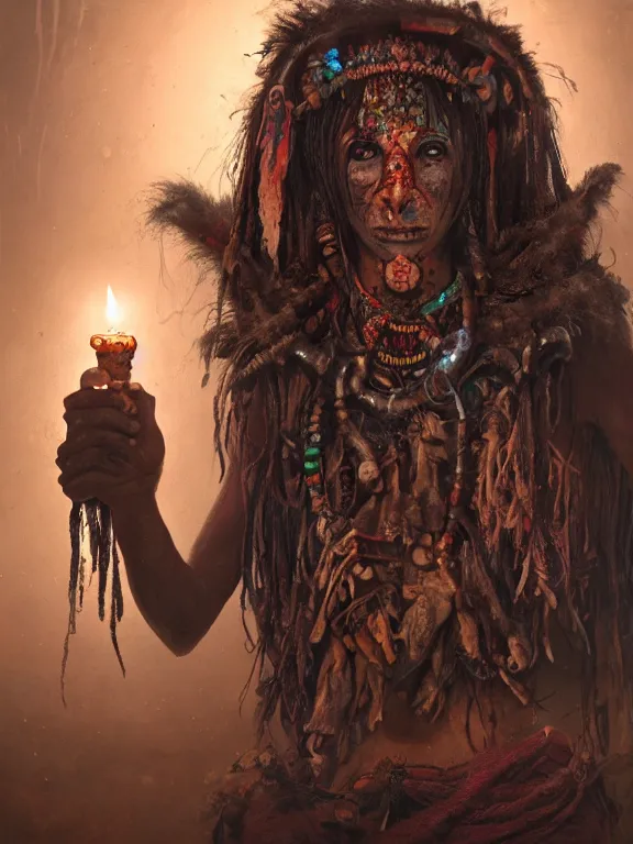 Image similar to fine painting of a death shaman from an ancient culture with mushrooms growing from his body, candlelight, 8 k, ultra realistic, lens flare, atmosphere, glow, detailed, intricate, full of colour, cinematic lighting, trending on artstation, 4 k, hyperrealistic, focused, extreme details, unreal engine 5, cinematic, masterpiece