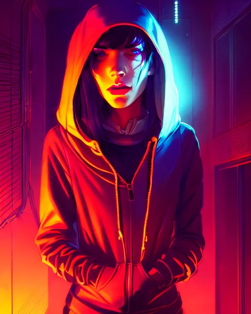 Prompt: cyberpunk synth, hyper - realistic portrait of a girl in a hoodie, red long wavey hair, cinematic, by atey ghailan, by greg rutkowski, by greg tocchini, by james gilleard, by joe fenton, by kaethe butcher, 8 k, very intricate, dynamic lighting, lighting color scheme, sharp focus, grunge aesthetic