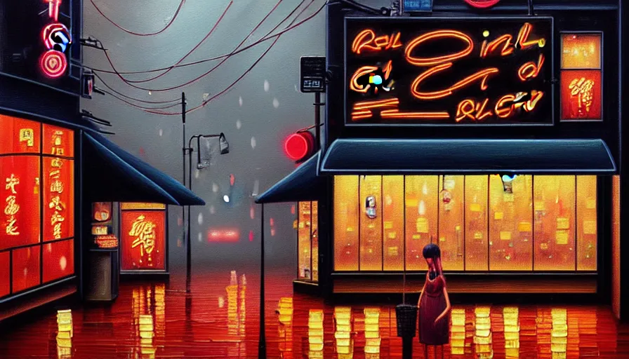 Prompt: oil painting of a neon sign storefront sushi restaurant, raining, busy street, cyberpunk, romantisism, outrun, synthwave, painting, detailed, by katia chausheva and android jones