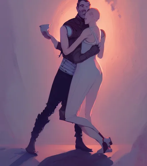 Image similar to portrait of anders from dragon age hugging a beautiful woman by atey ghailan, by greg rutkowski, by greg tocchini, by james gilleard, by joe fenton, by kaethe butcher, dynamic lighting, gradient light blue, brown, blonde cream and white color scheme, grunge aesthetic