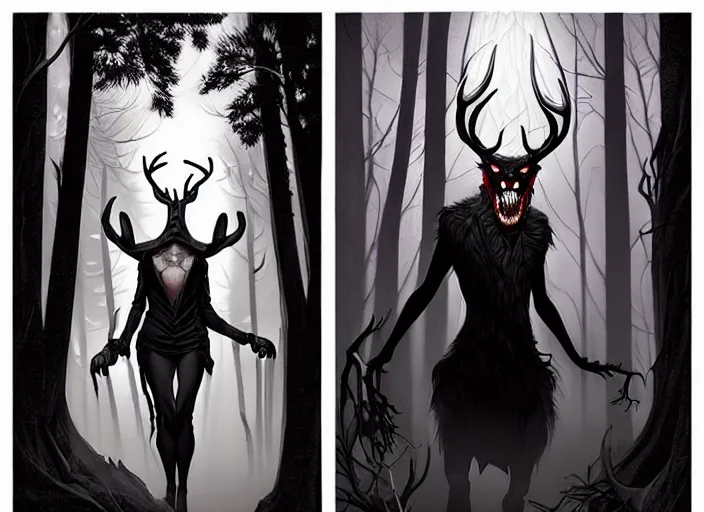 Prompt: style artgerm, joshua middleton, steve niles, diego fazio, j. c. leyendecker : : scary wendigo with antlers and skull face mixed with werewolf : : [ beautiful witch wearing a black dress, symmetrical face, on the right side ] : : in the forest, detailed, dark and foggy, cinematic lighting