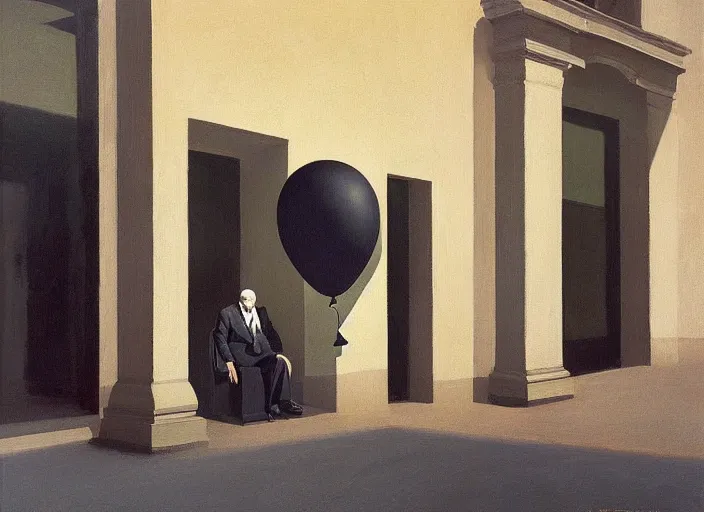 Prompt: aslouchy elegant old man with a black balloon stands at citroen ds 1 9 in grim rome, highly detailed, soft lighting, elegant, by edward hopper and james gilleard, zdzislaw beksinski, steven outram, highly detailed