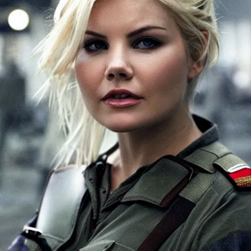 Prompt: elisha cuthbert as a soldier in a dystopian future battleground