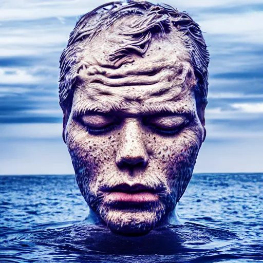 Image similar to a giant sculpture of a human head made out of water, on the ocean water, cinematic, in the style of johnson tsang, long shot, hyper detailed, hyper realistic, ray tracing, 8 k resolution, sharp focus, realistic water, award winning