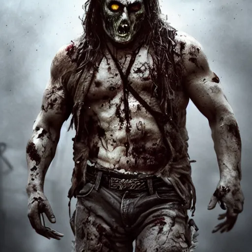 Image similar to a zombie Jason Mamoa, by WLOP, horror, wounds, bloody, dark fantasy, trending on artstation