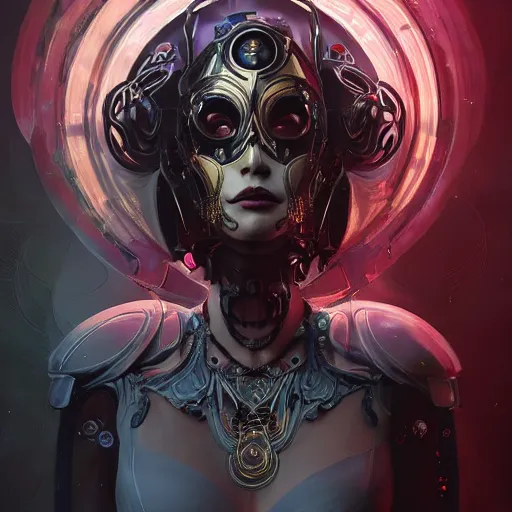 Image similar to a cyborg empress with mask, art nouveau ivory accessories, cyberpunk, darksynth, luxury, concept art by jama jurabaev, extremely detailed, ominous, ethereal, artstation, andree wallin, edvige faini, balaskas, alphonse mucha, symmetry