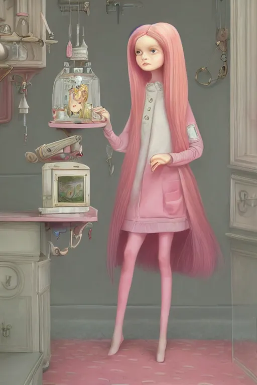 Image similar to highly detailed, profile portrait of a extremely beautiful, young adult, princess bubblegum from adventure time, experimenting in her castle lab, wearing lab coat & saftey goggles, long bubblegum hair with long straight bangs, illustration concept art by nicoletta ceccoli, mark ryden, lostfish, detailed and intricate environment, 8 k resolution, hyperrealistic, octane render