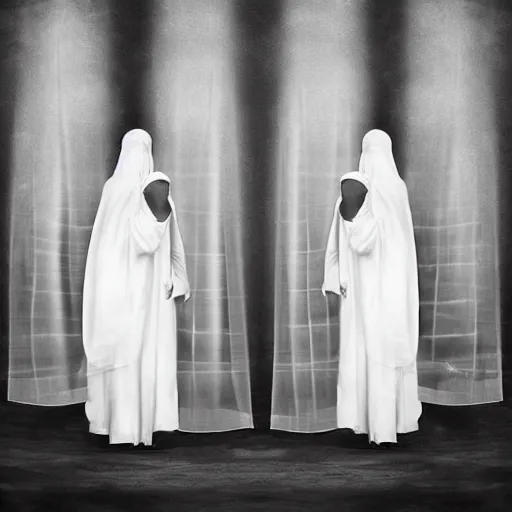 Prompt: nightmare vision, black and white, award winning photo, levitating twin nuns, wearing translucent sheet, in a sanctuary, eerie, frightening —width 1024 —height 1024