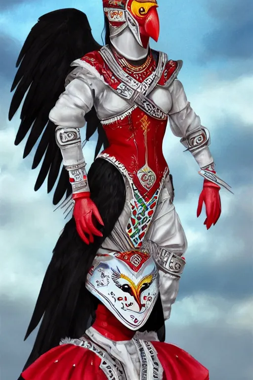 Prompt: female adventurer in tight full - body white leather armor of ukrainian vyshyvanka design with red accents and a red porcelain crow mask, trending in artstation, ukrainian, artstation, big moon in the background, establishing shot