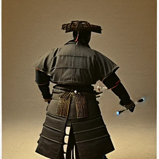 Prompt: A FULL BODY PORTRAIT FROM BEHIND OF A SAMURAI WITH A KATANA AND A CHAIN