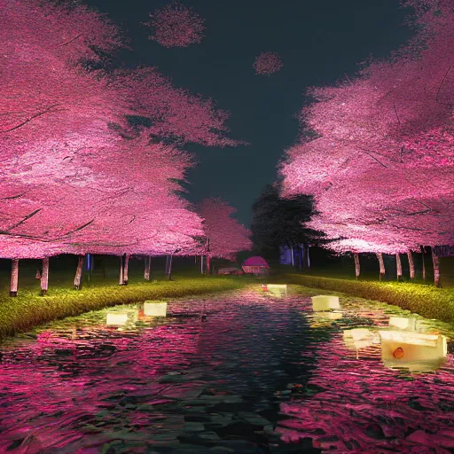 Image similar to photorealistic beautiful cherry blossom forest with paper lanterns illuminating the stone pathway. hyperdetailed photorealism, 1 0 8 megapixels, river, amazing depth, glowing rich colors, powerful imagery, psychedelic overtones, 3 d finalrender, 3 d shading, cinematic lighting, artstation concept art