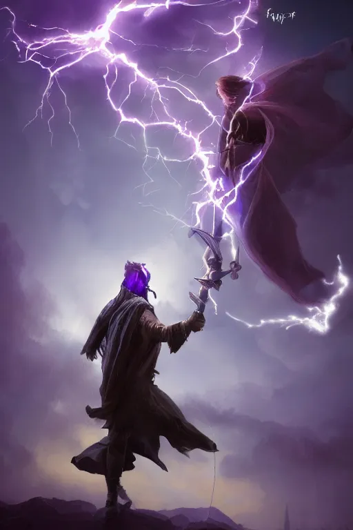 Image similar to fantasy, hyper realistic mystical wizard holding a sword that’s pointed towards the sky, sword is getting shocked by purple lightning, wizard is levitating over a lake, reflection, octane, trending on artstation, highly detailed, by Frank frazetta, 8k