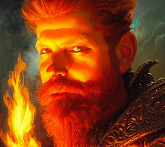 Prompt: The Fire King, beautiful young bearded ginger man, fire, flames, dramatic, hyperdetailed | donato giancola, ralph horsley, Artem Demura | waist-up portrait | dungeons and dragons