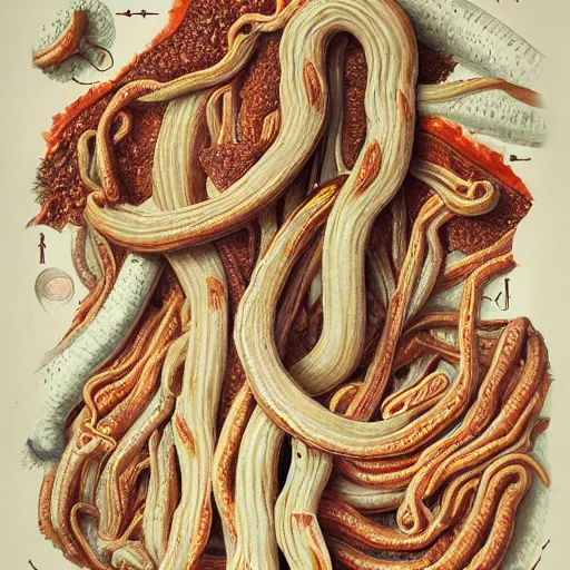 Prompt: miles of intestines filled with food, scientific illustration, gross, intricate detail, artgram,