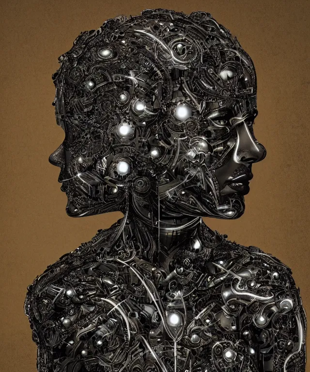 Prompt: a woman turning into an android, portrait, wearing aa cybernetic body, surrealism, intricate detail, ornate armor