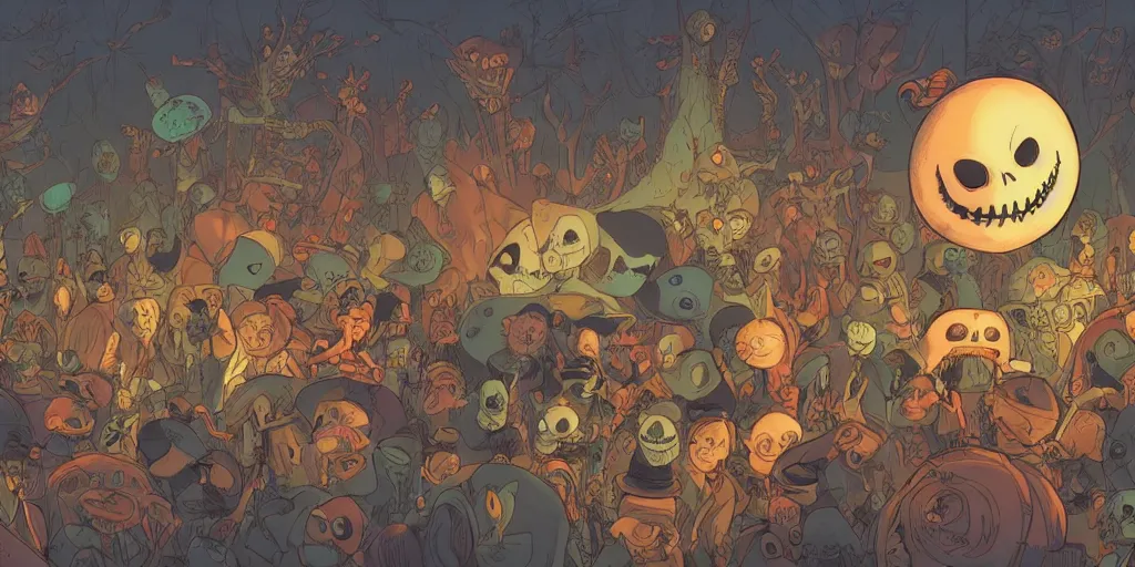Image similar to a study of cell shaded cartoon of a scene from tim burtons nightmare before christmas, illustration, wide shot, muted colors, concept art by josan gonzales and wlop, by james jean, victo ngai, david rubin, mike mignola, laurie greasley, highly detailed, sharp focus, trending on artstation, hq, deviantart, art by artgem
