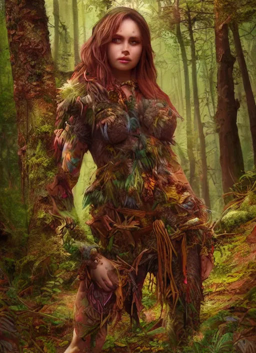 Prompt: detailed full body concept colorful fantasy painting of a forest huntress, cinematic lighting, hyperdetailed, 8k, high resolution, insanely detailed and intricate, octane render