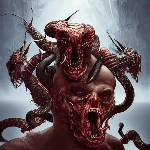Prompt: digital art of two headed man, on three headed bat with snake tail, battling against demons in hell by hideo kojima, concept art, ultra detail, fantasy, game, 4 k, horror, surreal