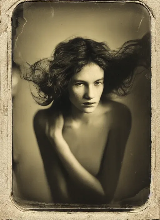 Image similar to dreamy close up portrait of a young women, photo realistic, elegant, award winning photograph, parallax, cinematic lighting, ambrotype wet plate collodion by martin shuller, richard avedon dorothe lange and and shane balkowitsch