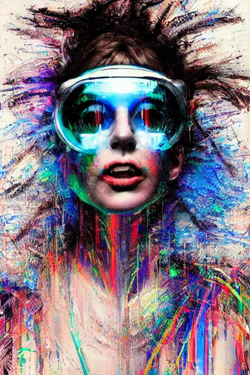 Prompt: portrait, headshot, digital painting, an delightfully crazy techno - shaman lady in circuit electronic mask, synthwave, glitch, pixel sort, fracture, realistic, hyperdetailed, chiaroscuro, concept art, art by john berkey