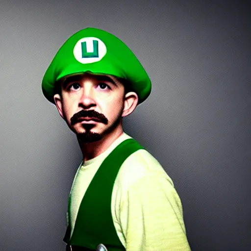 Image similar to uhd candid photo of hyperdetailed shia lebeuouf dressed as luigi. correct face, cinematic lighting, photo by annie leibowitz, and steve mccurry.