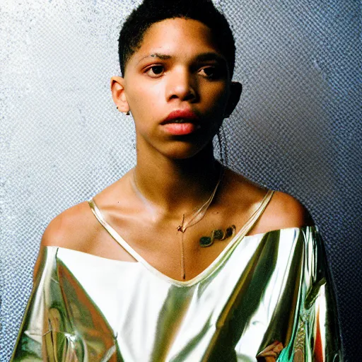 Image similar to realistic! photoshoot for a new vetements lookbook, color film photography, portrait of a beautiful woman, tinfoil background, in style of tyler mitchell, 35mm