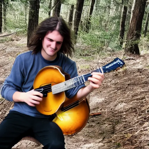 Image similar to a photo of a young man with long hair playing mandolin in the wilderness