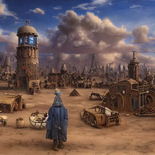 Image similar to a hyperrealistic painting of a steampunk village in the middle of a desert wasteland, blue skies, ominous clouds, by john kenn mortensen and zdzislaw beksinski, highly detailed, vivid color,