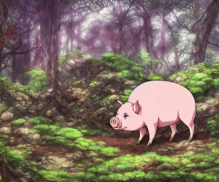 Image similar to pig in a forest, anime fantasy illustration by tomoyuki yamasaki, kyoto studio, madhouse, ufotable, comixwave films, trending on artstation