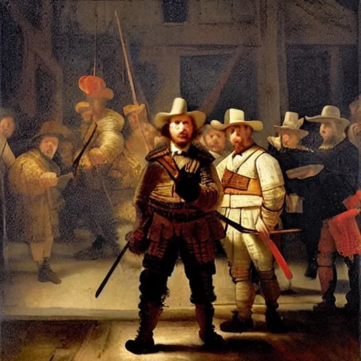 Prompt: The Night Watch but everyone is on their phone, painting by Rembrandt van Rijn