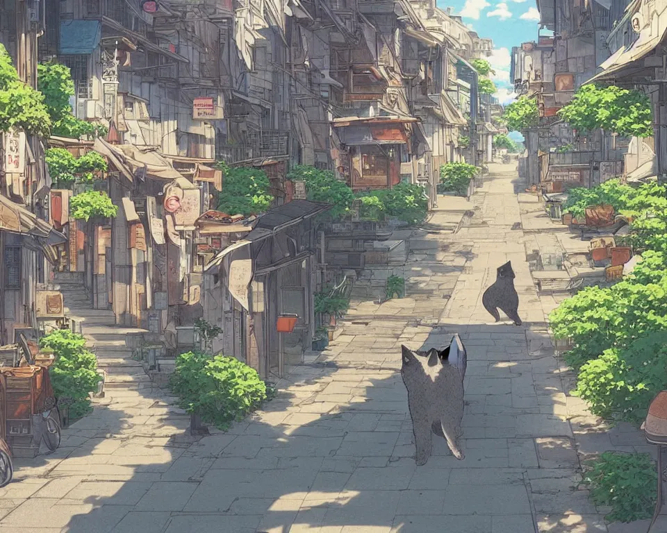 Prompt: beautiful illustration from behind a cat walking down the street in a city on a fine summers day, anime manga style, aesthetic, scene from the movie'your name ', makoto shinkai