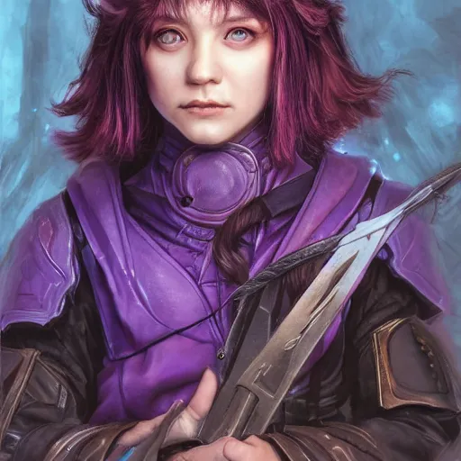 Image similar to portrait of a female halfling sorcerer by ayami kojima, she is about 2 0 years old, purple hair, leadership vibes, she is wearing a modern tactical gear, scifi, highly detailed portrait, digital painting, artstation, concept art, smooth, sharp foccus ilustration, artstation hq