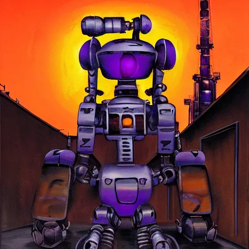 Image similar to a fullmetal wired robot is reading the forbidden intimate diary of sophia aeon, the background is the purple sunset over the gasometer in santiago of chile, oil on canvas by dave mckean and yoji shinkawa