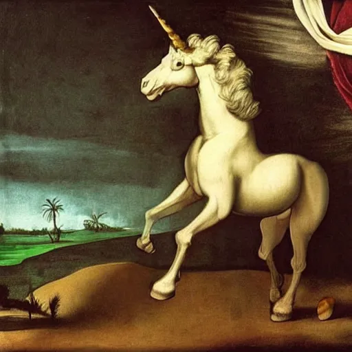 Prompt: an absolute beast of a muscly unicorn walking on rainbow in the style of caravaggio