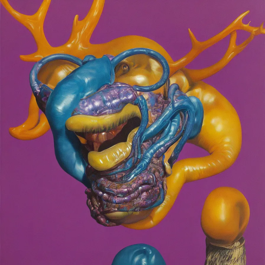 Image similar to rare hyper realistic portrait painting by chuck close, studio lighting, brightly lit purple room, a blue rubber duck with antlers laughing at a giant laughing worm with a clown mask