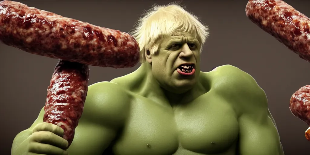 Image similar to boris johnson as the hulk eating a big sausage, focused shot, realistic, octane render